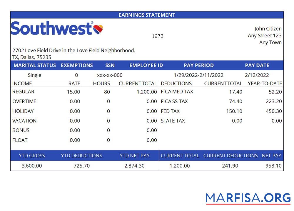 Downloadable USA Southwest Airlines airlines company pay stub sample